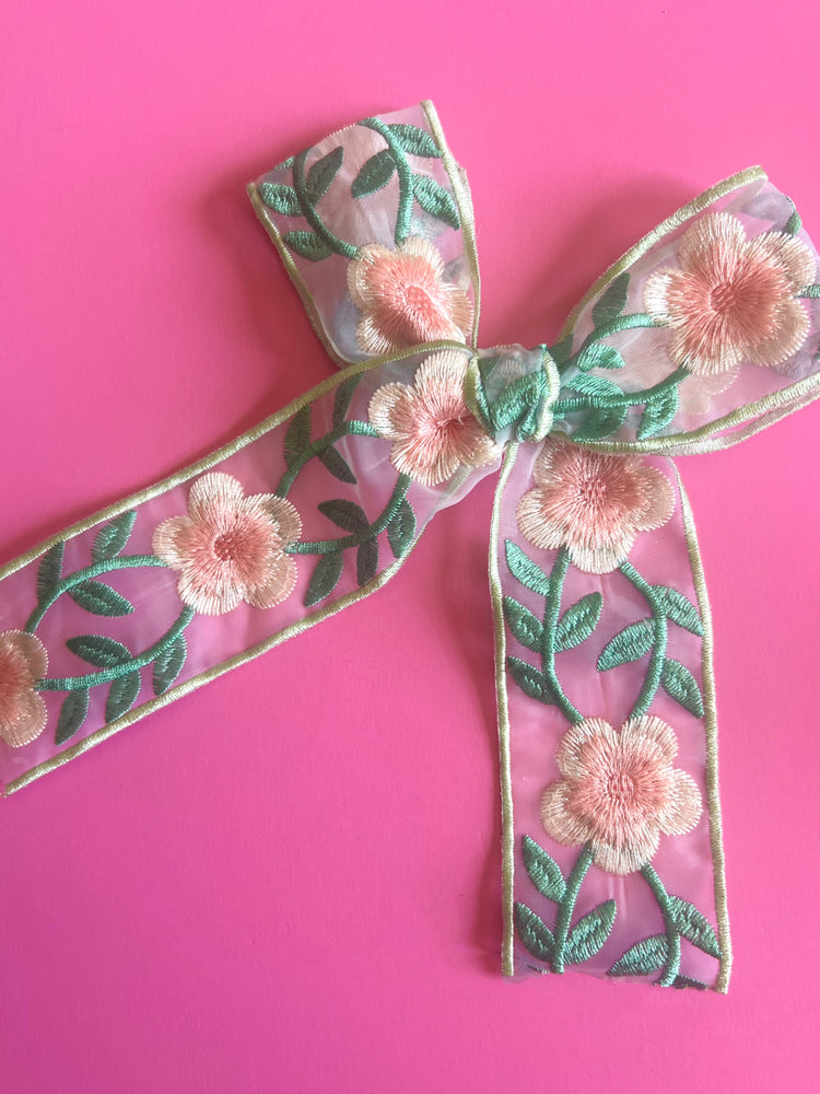 Pink & Green Spring Floral Embroidered Ribbon Bow