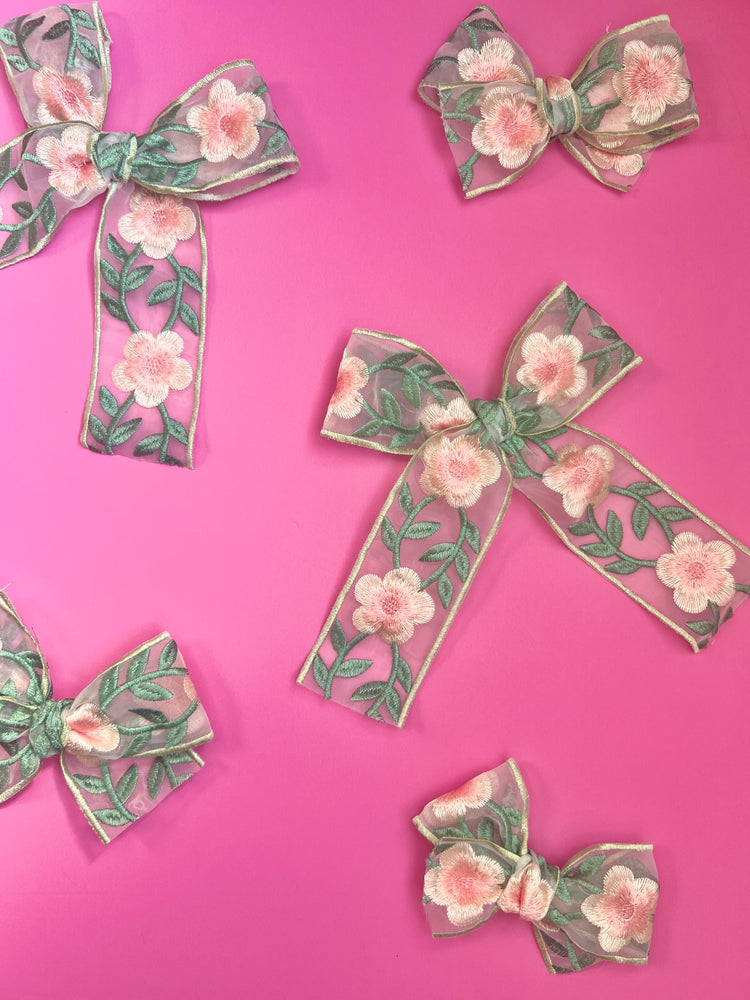 Pink & Green Spring Floral Embroidered Ribbon Bow