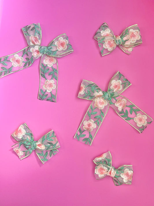 Pink & Green Spring Floral Embroidered Ribbon Bow