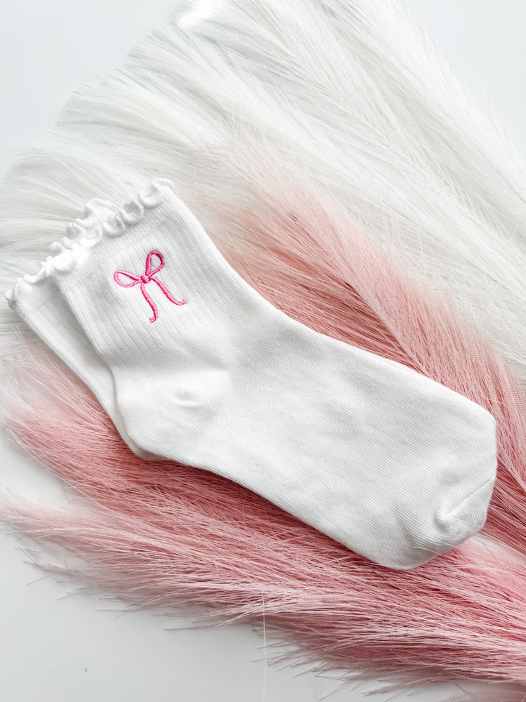 Women's Pink Embroidered Bow Socks