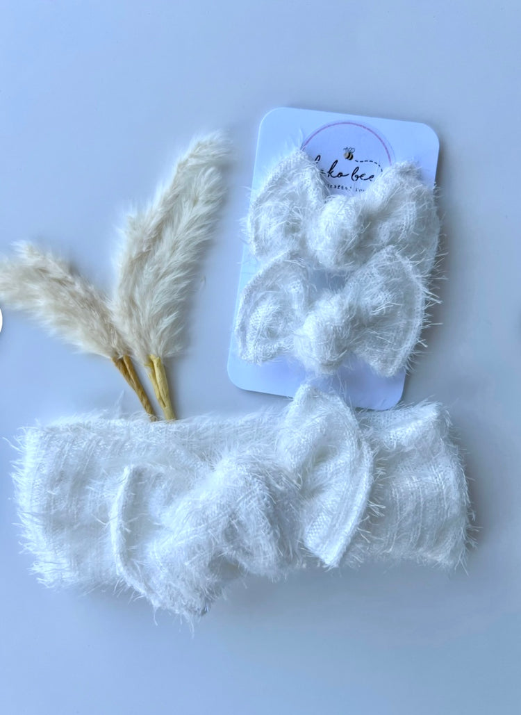 White Winter Fur Headwraps & Knot Bow Piggies