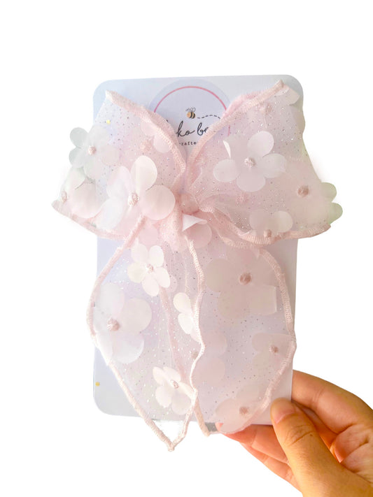 XL Pink Flower Glittery Tulle Bows
