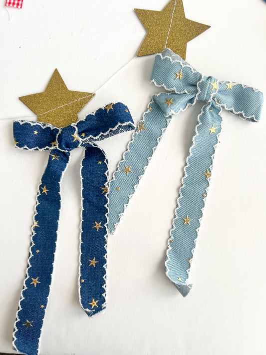 Blue W/ Gold Stars Long Tail Bows