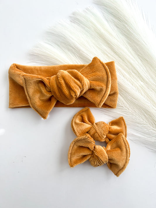 Mustard Ribbed Corduroy Headwraps & Knot Bow Piggies