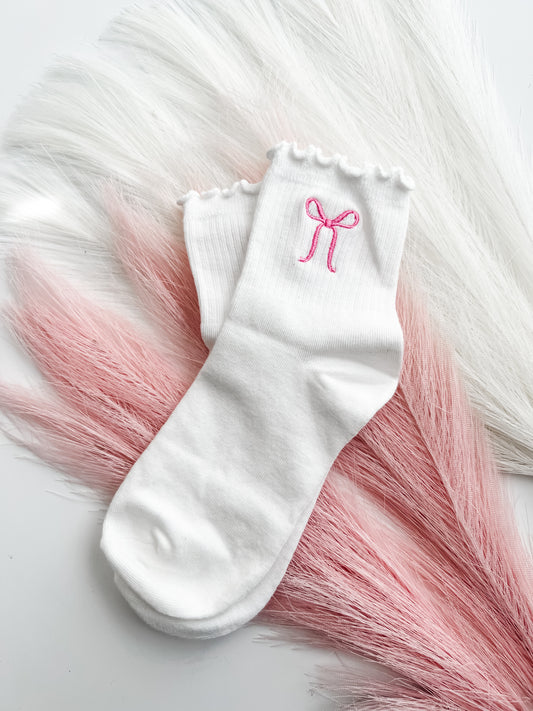 Women's Pink Embroidered Bow Socks