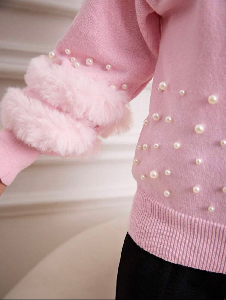 Girl's Pink Pearl Fur Sweater