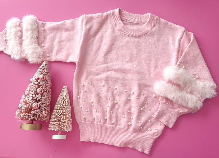 Girl's Pink Pearl Fur Sweater