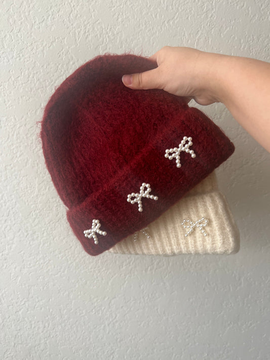 Women's Fuzzy Pearl Bow Knitted Beanie