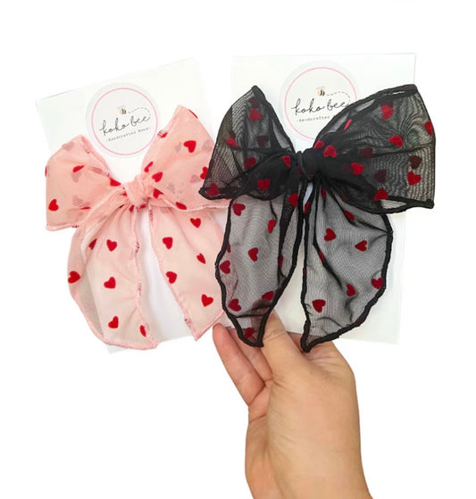 Pink & Black Tulle Hearts Bows