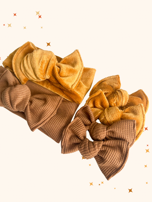 Mustard Ribbed Corduroy Headwraps & Knot Bow Piggies