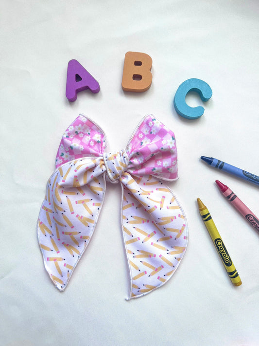 XL Checkered Pencils & Flowers Bow
